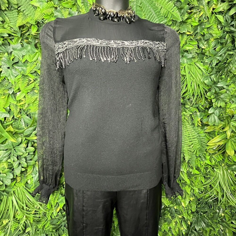 Ontwelfth Tops Women XL Black Sweater Blouse With Sequins Sheer Sleeve‎  0145 - Picture 6 of 13